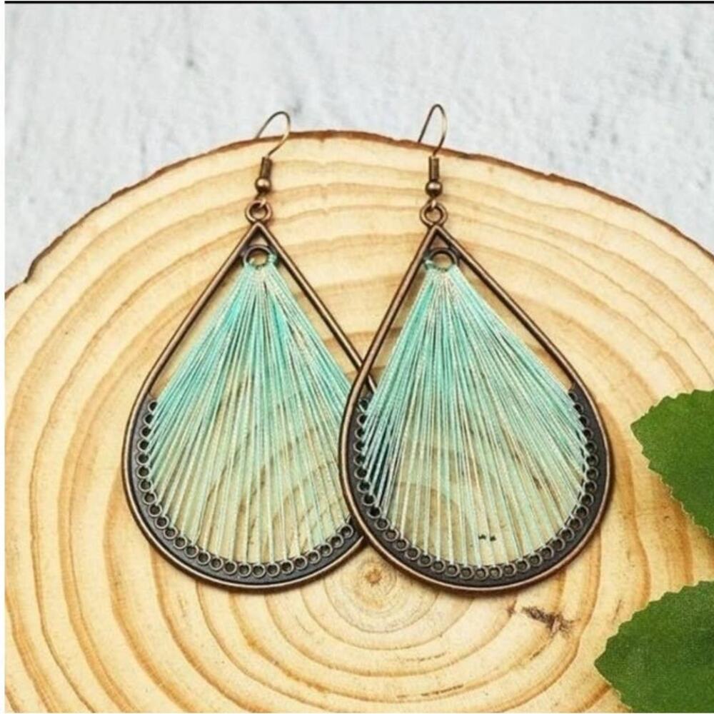 Bohemian teardrop threaded statement earrings bronze aqua